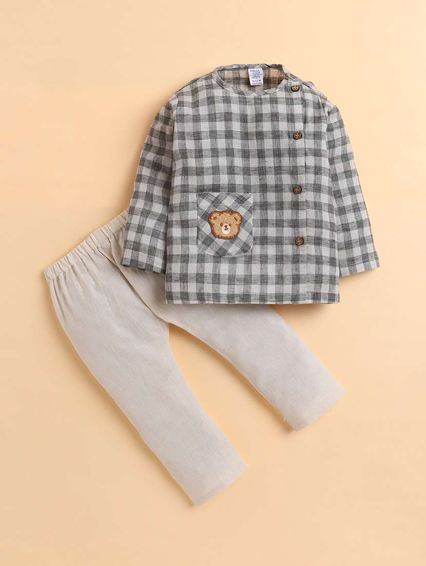 boys checkered long sleeve shirt and trouser set