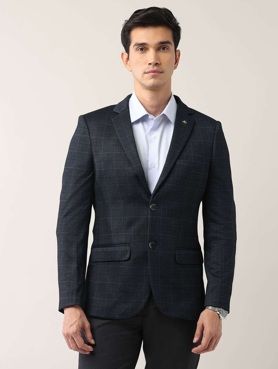 men checkered lapel collar single breasted formal blazer