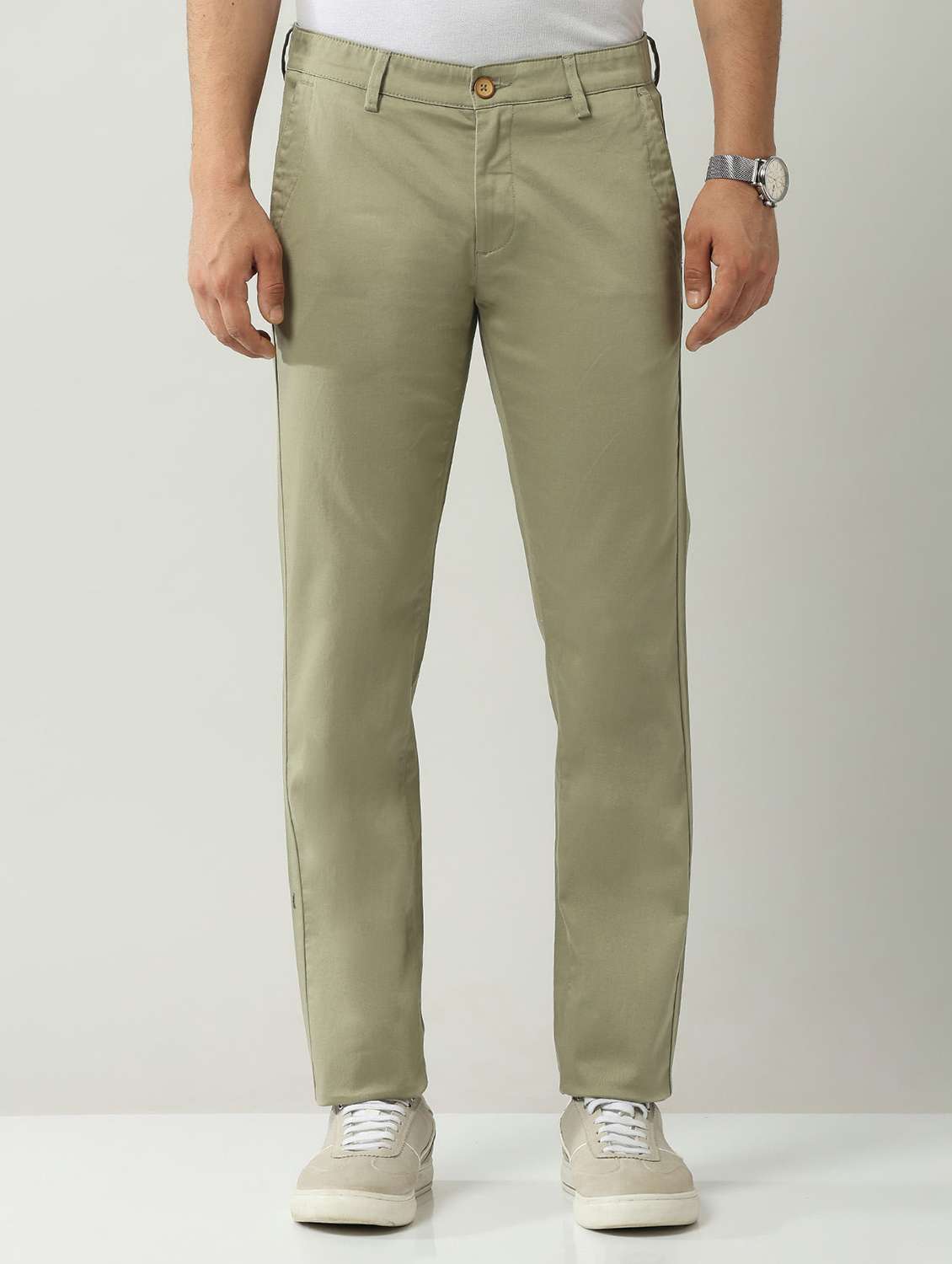 men solid mid rise flat front chinos trouser