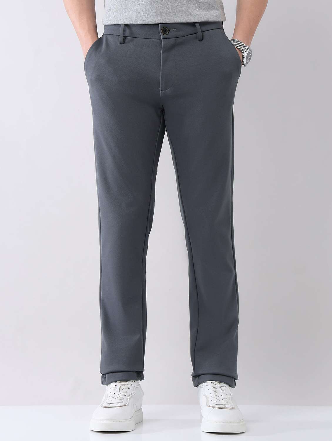men solid mid rise flat front chinos trouser - 22092311 - Zoom Image - 0