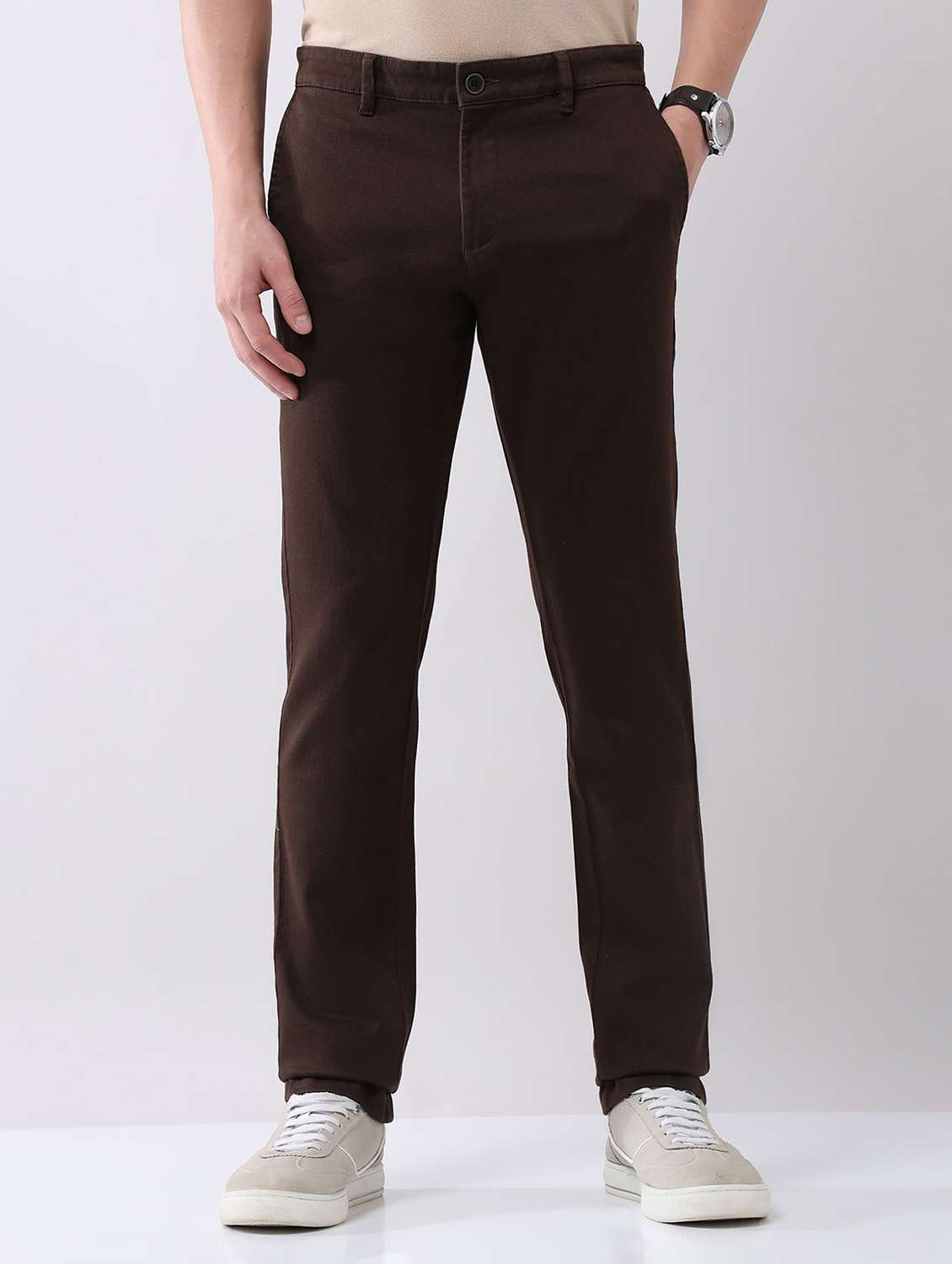men solid mid rise flat front chinos trouser - 22092314 -  Zoom Image - 0