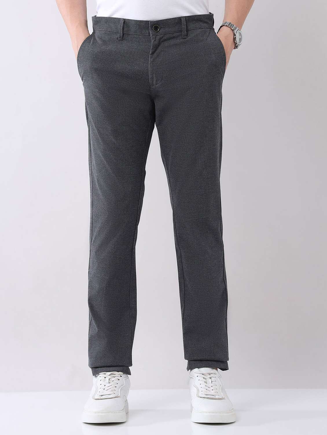 men solid mid rise flat front chinos trouser