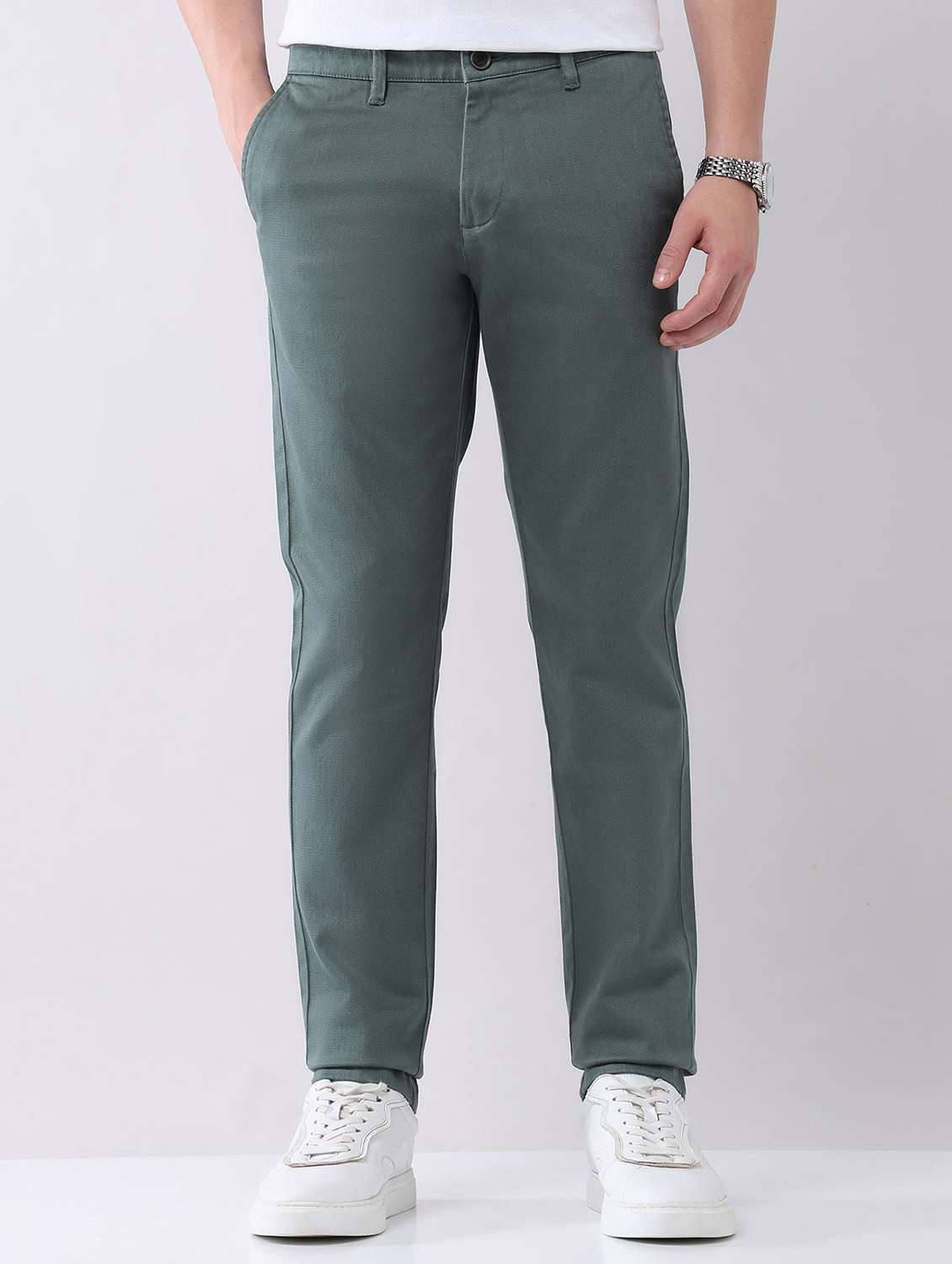 men solid mid rise flat front chinos trouser