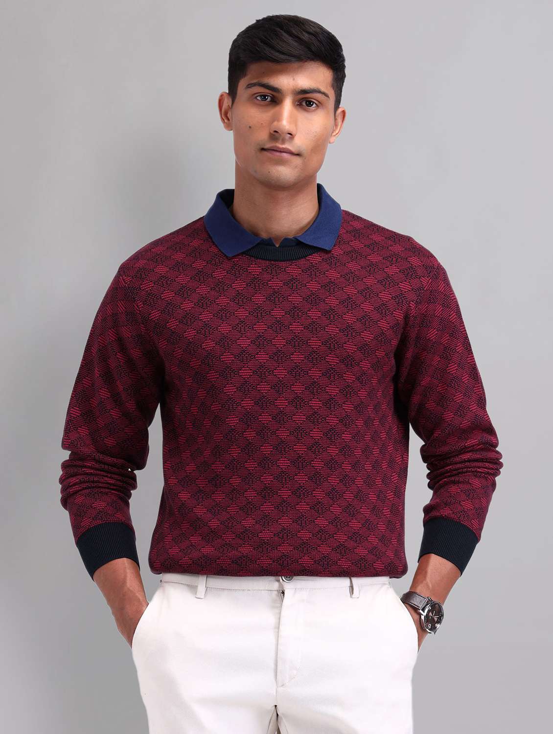 men self design long sleeve regular fit pullover 