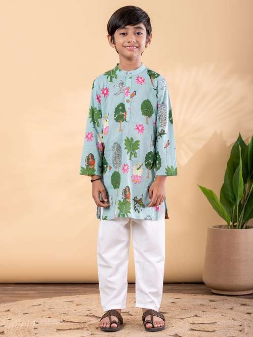 boys printed mandarin neck kurta pyjama set - 22092341 -  Standard Image - 0