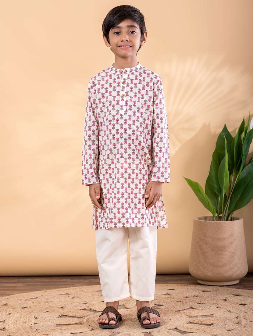 boys printed mandarin neck kurta pyjama set