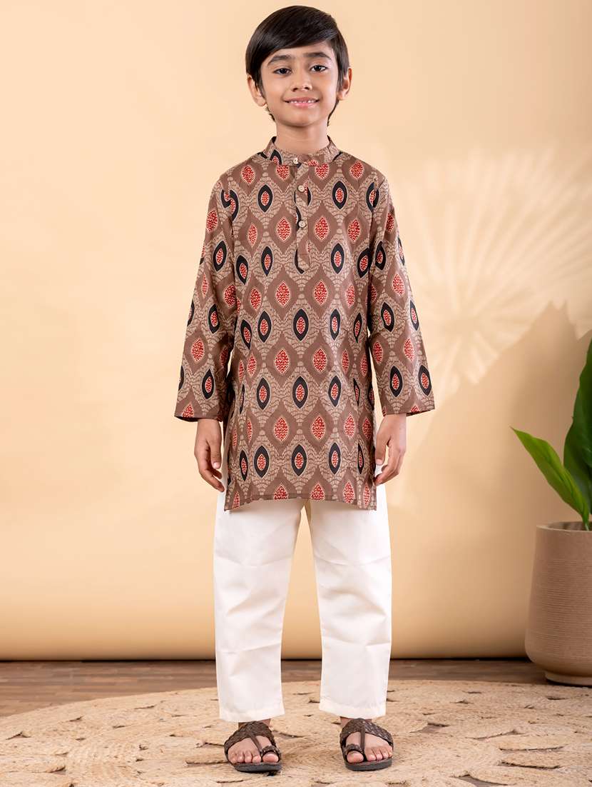 boys printed mandarin neck kurta pyjama set