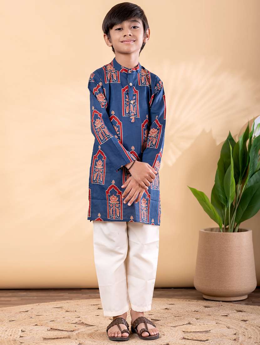 boys printed mandarin neck kurta pyjama set
