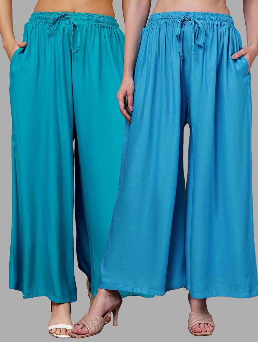 women pack of 2 solid high rise flared palazzo - 22092404 -  Zoom Image - 0