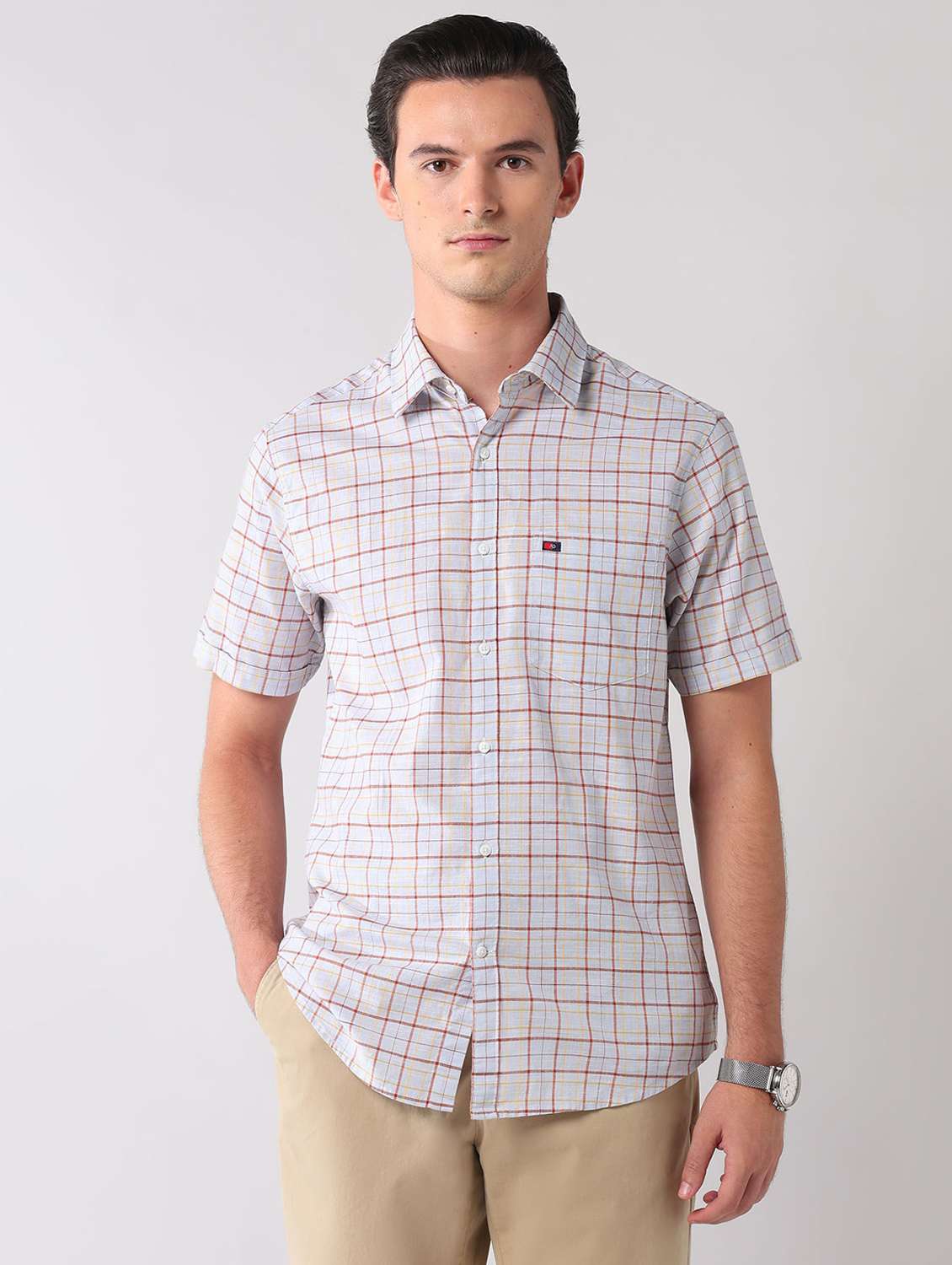 men checkered short sleeve regular fit casual shirt