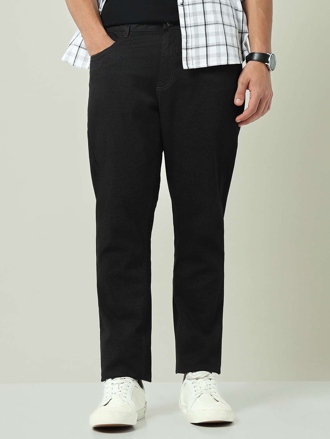 men solid mid rise flat front chinos trouser