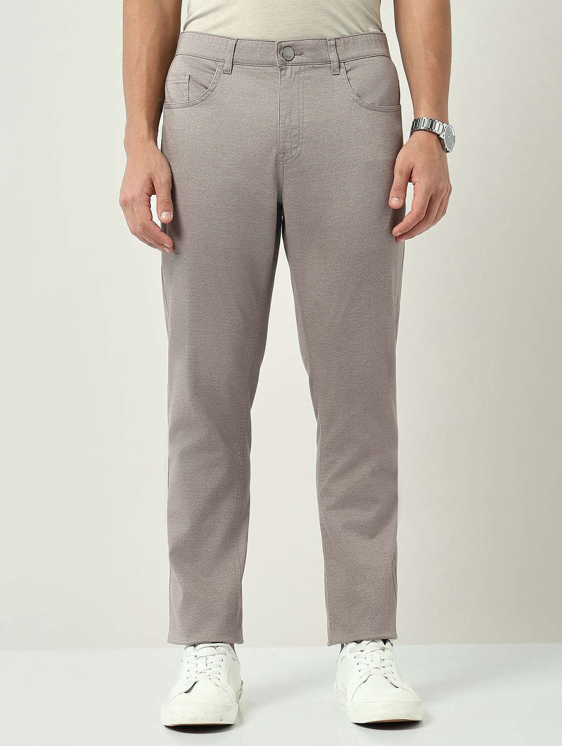 men solid mid rise flat front chinos trouser