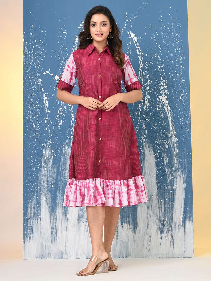 women self design roll up sleeve a-line ethnic dress