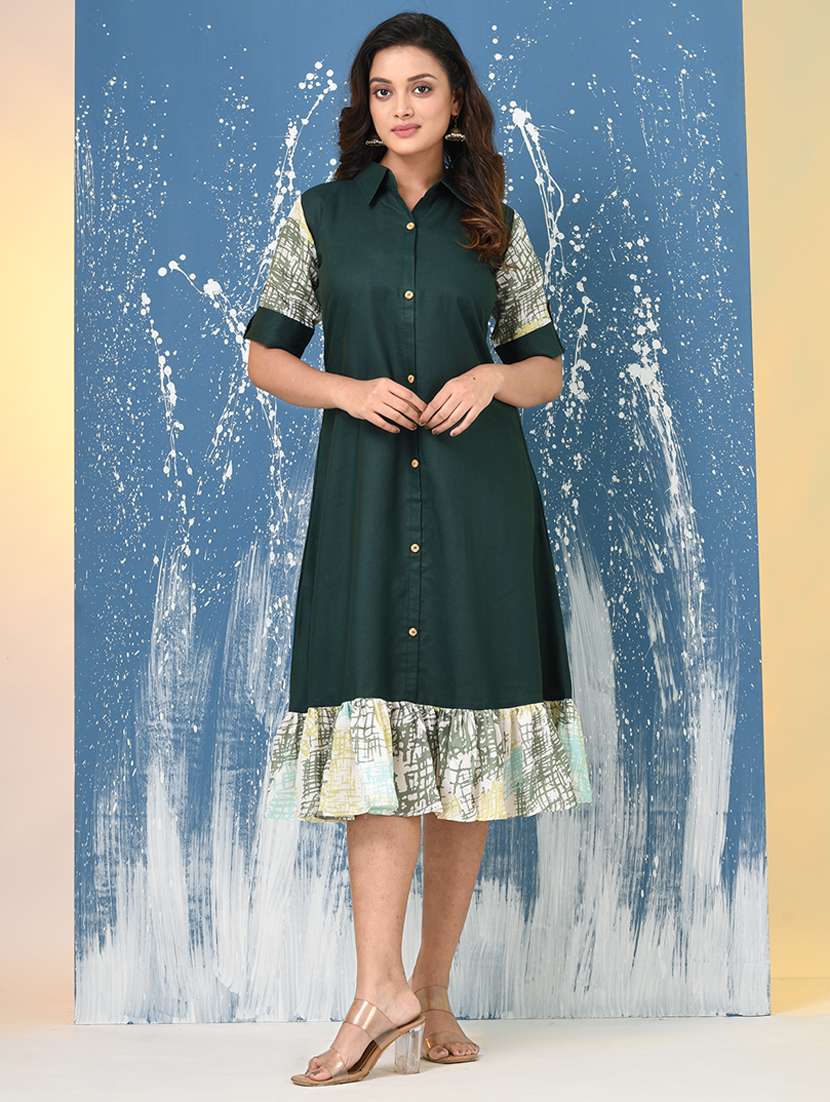 women solid roll up sleeve a-line ethnic dress