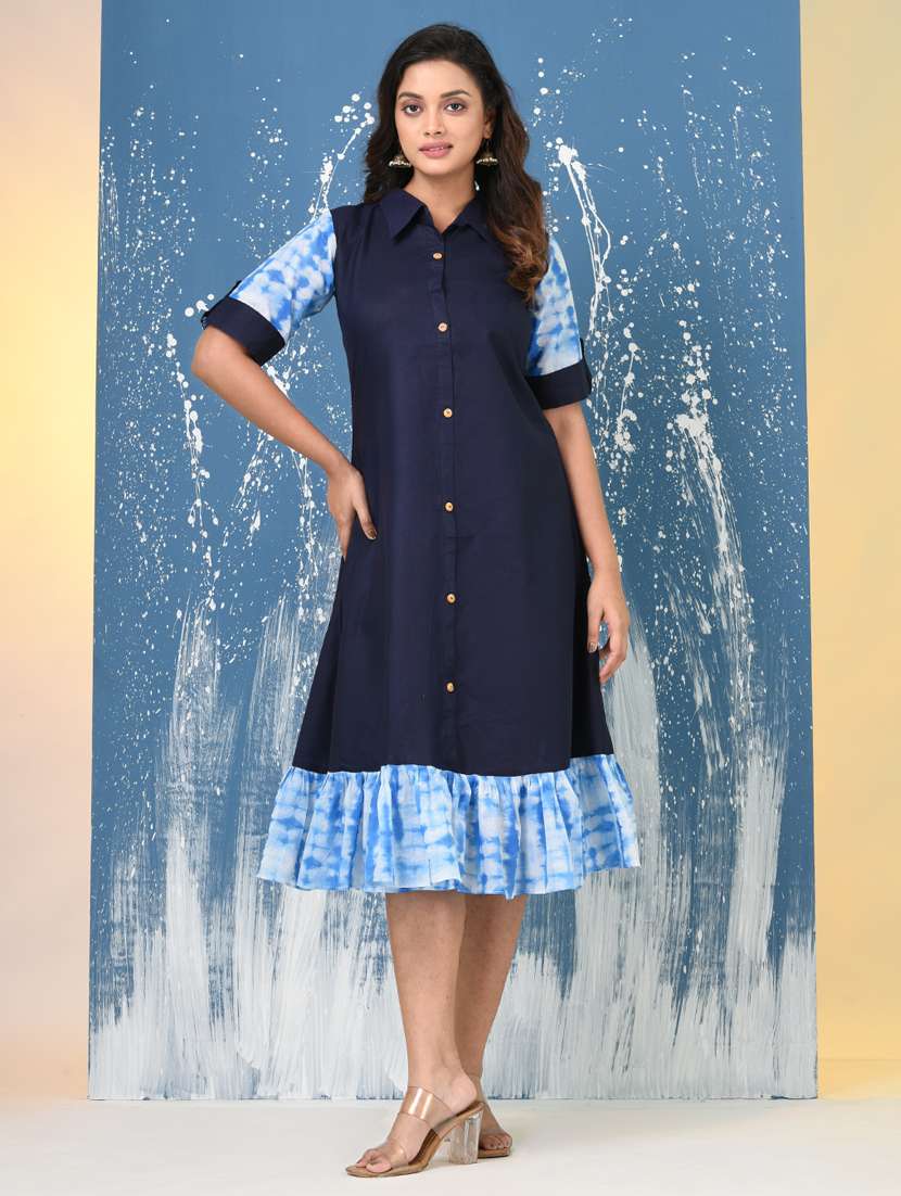 women solid roll up sleeve a-line ethnic dress