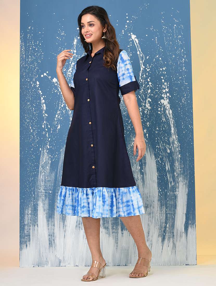 women solid roll up sleeve a-line ethnic dress - 22092634 -  Standard Image - 3