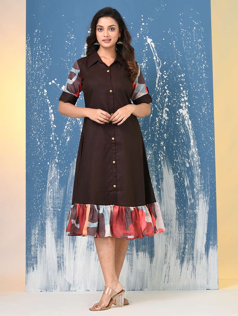 women solid roll up sleeve a-line ethnic dress