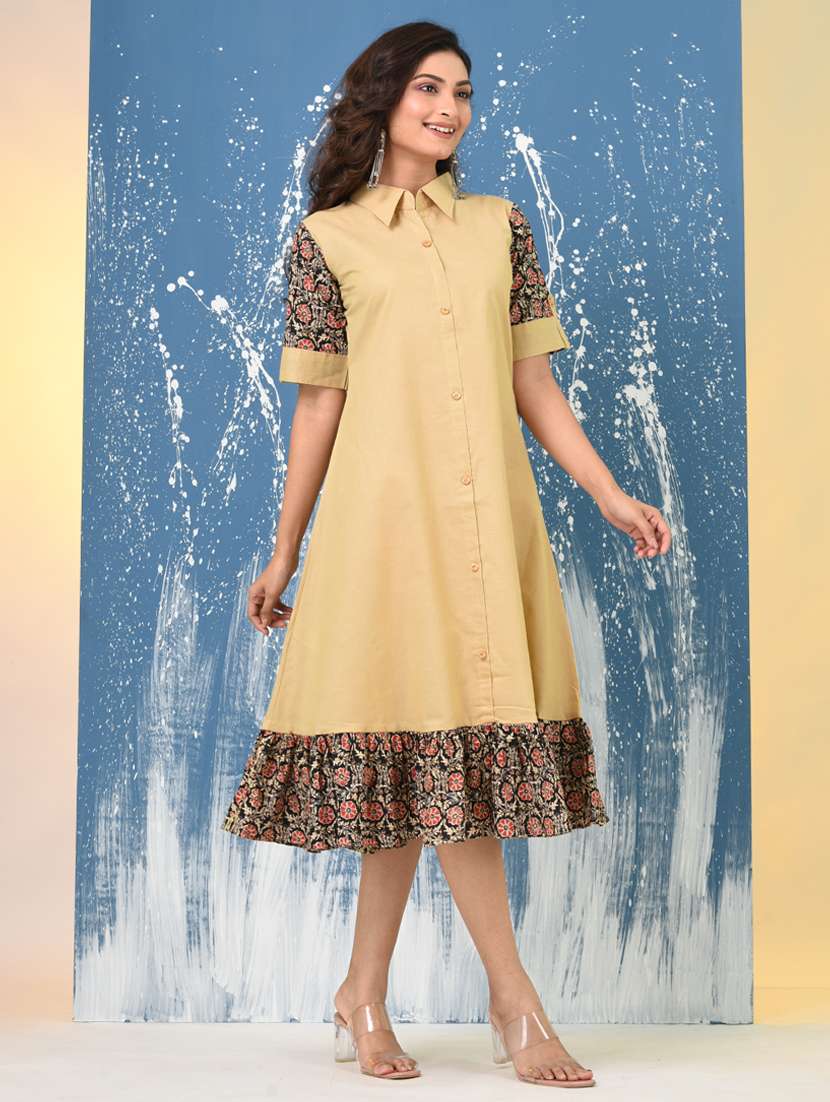 women solid roll up sleeve a-line ethnic dress