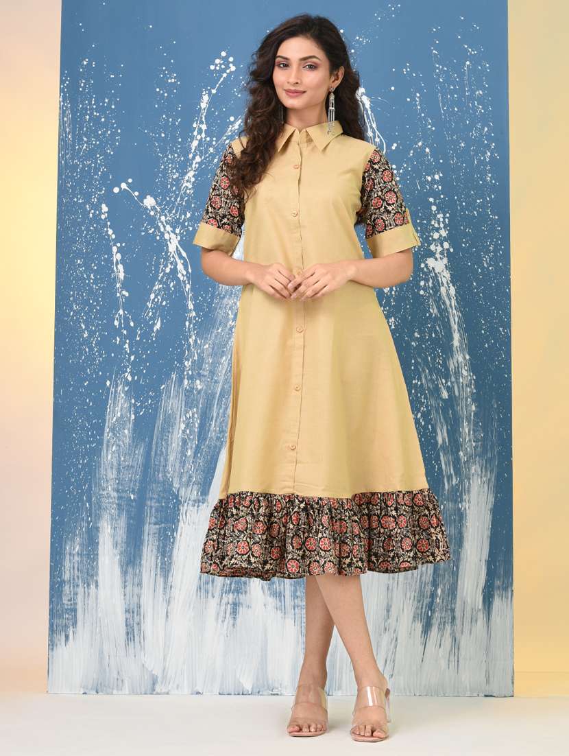 women solid roll up sleeve a-line ethnic dress - 22092636 -  Standard Image - 3