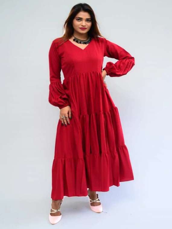women solid long sleeve tiered maxi dress