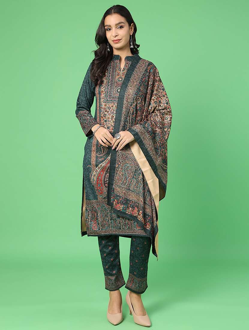 women printed woolen kurta and pant with dupatta set