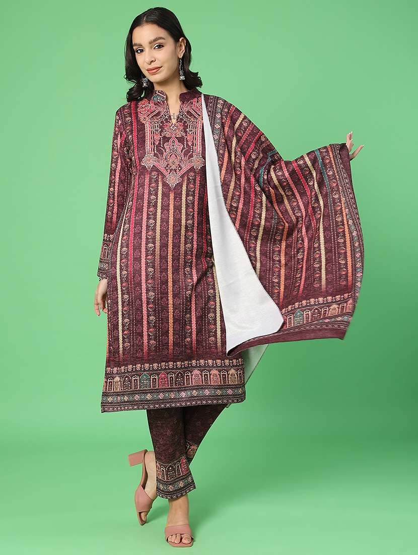 women printed woolen kurta and pant with dupatta set