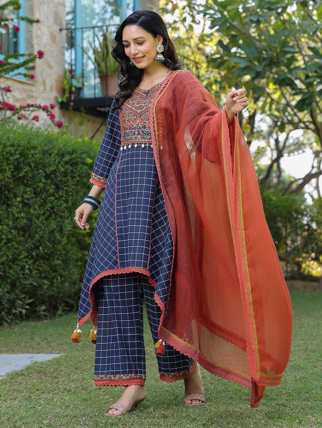 women embroidered long sleeve kurta pant with dupatta set