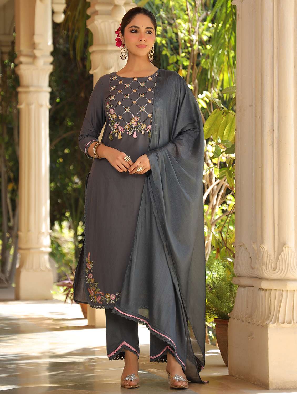 women embroidered three quarter sleeve kurta pant with dupatta set