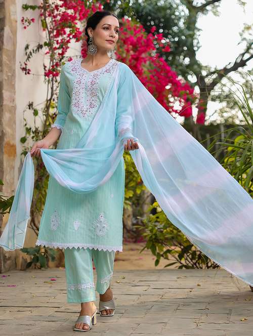 women embroidered three quarter sleeve kurta pant with dupatta set - 22093232 - Standard Image - 0