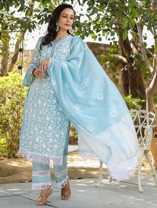 women embroidered three quarter sleeve kurta pant with dupatta set - 22093235 -  Standard Image - 0