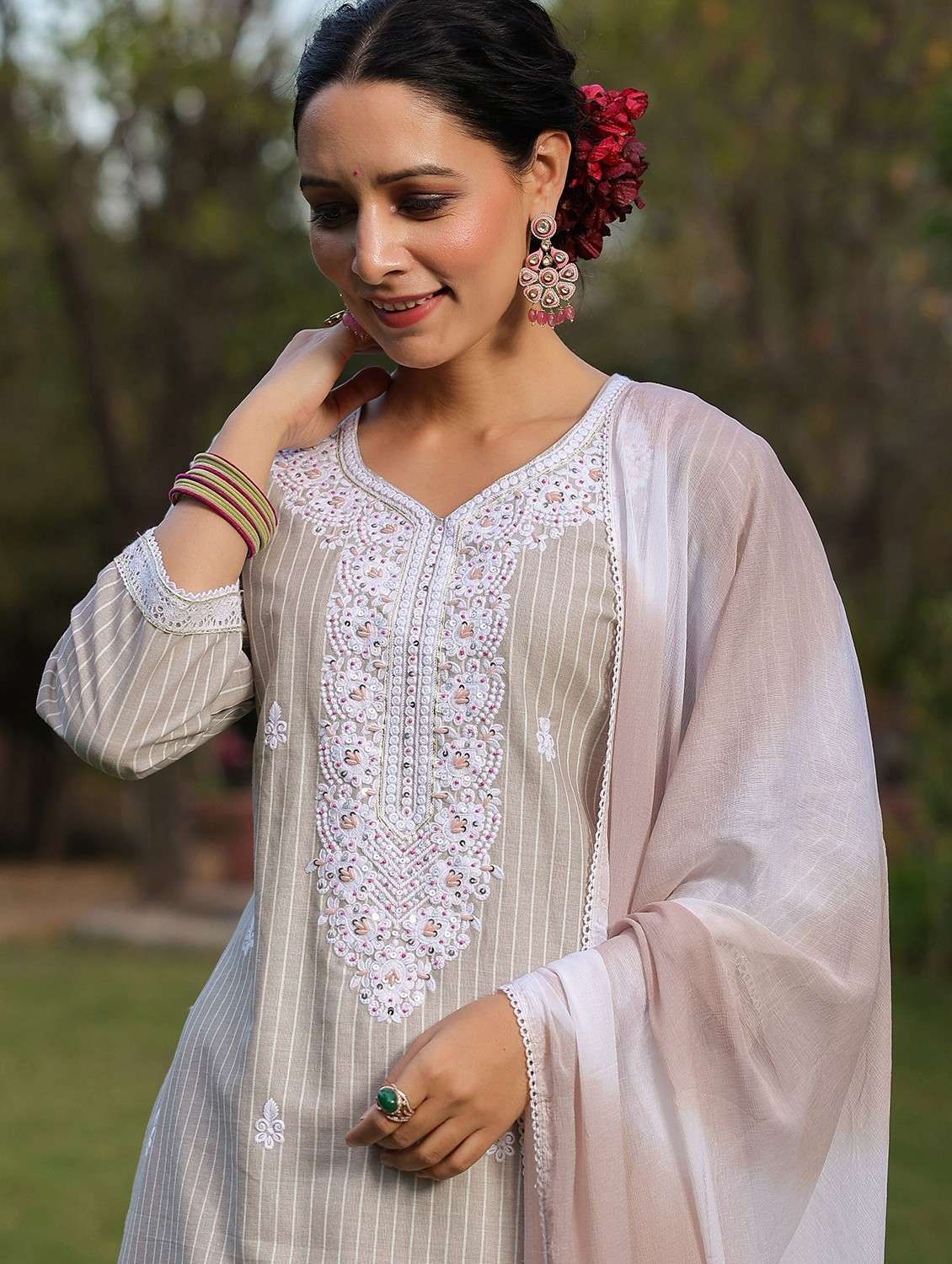 women embroidered three quarter sleeve kurta pant with dupatta set - 22093238 - Standard Image - 5