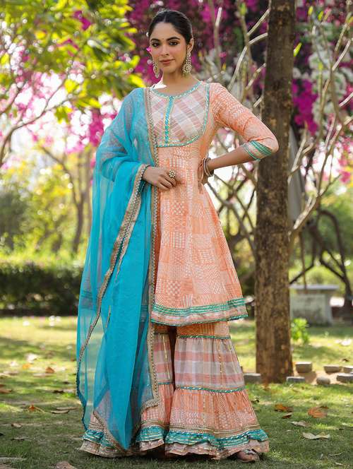 women embroidered three quarter sleeve kurta sharara with dupatta set - 22093239 -  Standard Image - 0
