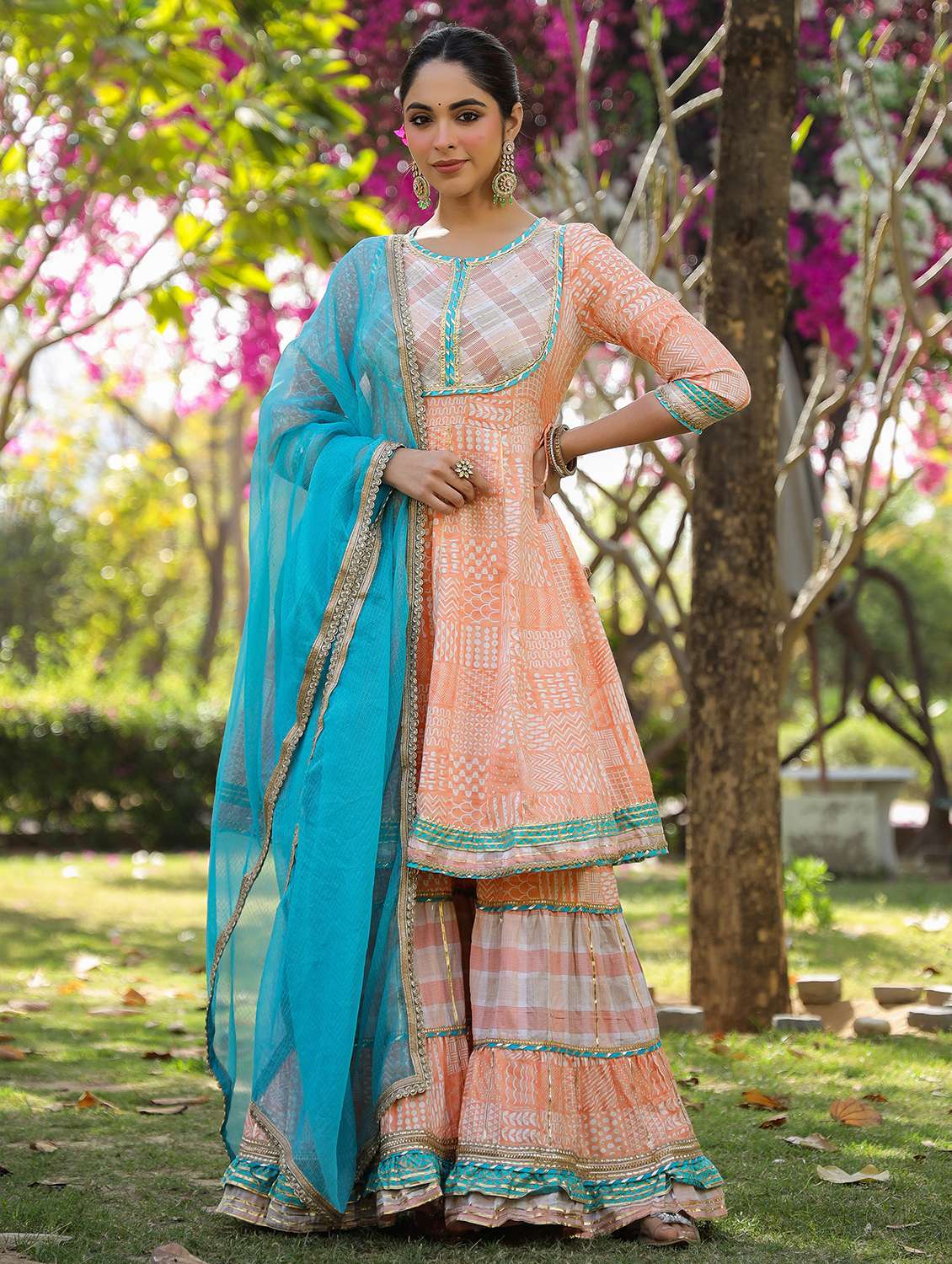 women embroidered three quarter sleeve kurta sharara with dupatta set - 22093239 -  Zoom Image - 0