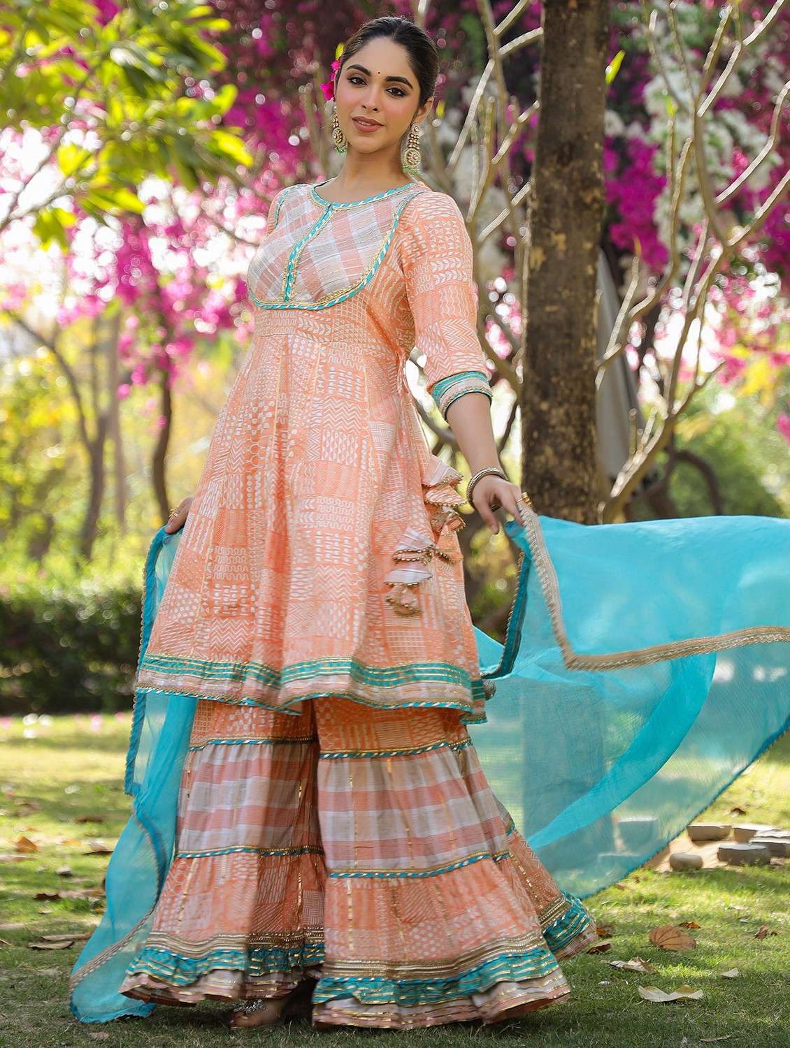 women embroidered three quarter sleeve kurta sharara with dupatta set - 22093239 - Standard Image - 3