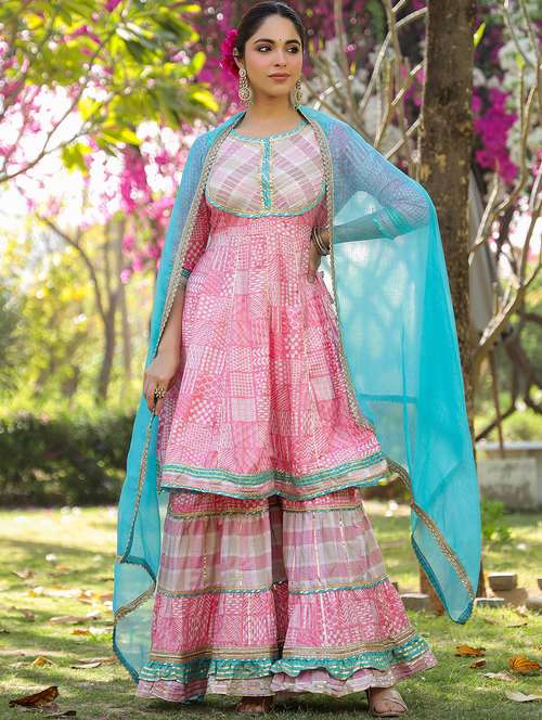women embroidered three quarter sleeve kurta sharara with dupatta set - 22093240 -  Standard Image - 0
