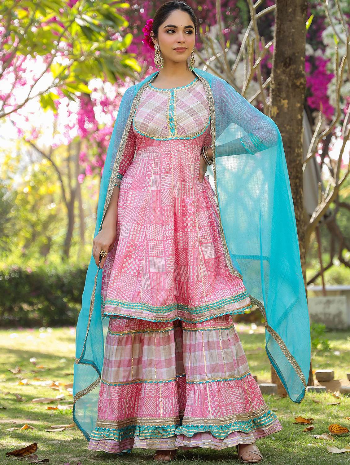 women embroidered three quarter sleeve kurta sharara with dupatta set - 22093240 -  Zoom Image - 0