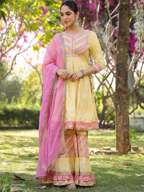 women embroidered three quarter sleeve kurta sharara with dupatta set - 22093241 -  Standard Image - 0