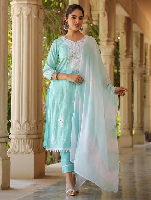 women embroidered three quarter sleeve kurta pant with dupatta set - 22093244 -  Standard Image - 0
