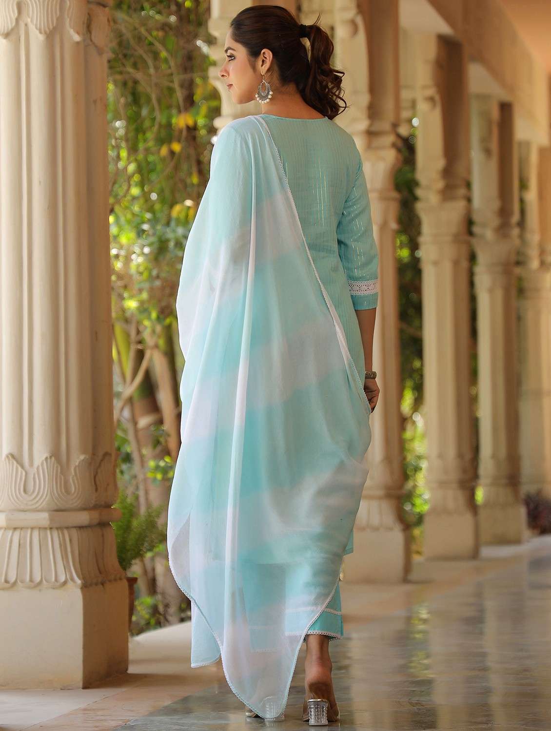 women embroidered three quarter sleeve kurta pant with dupatta set - 22093244 - Standard Image - 3