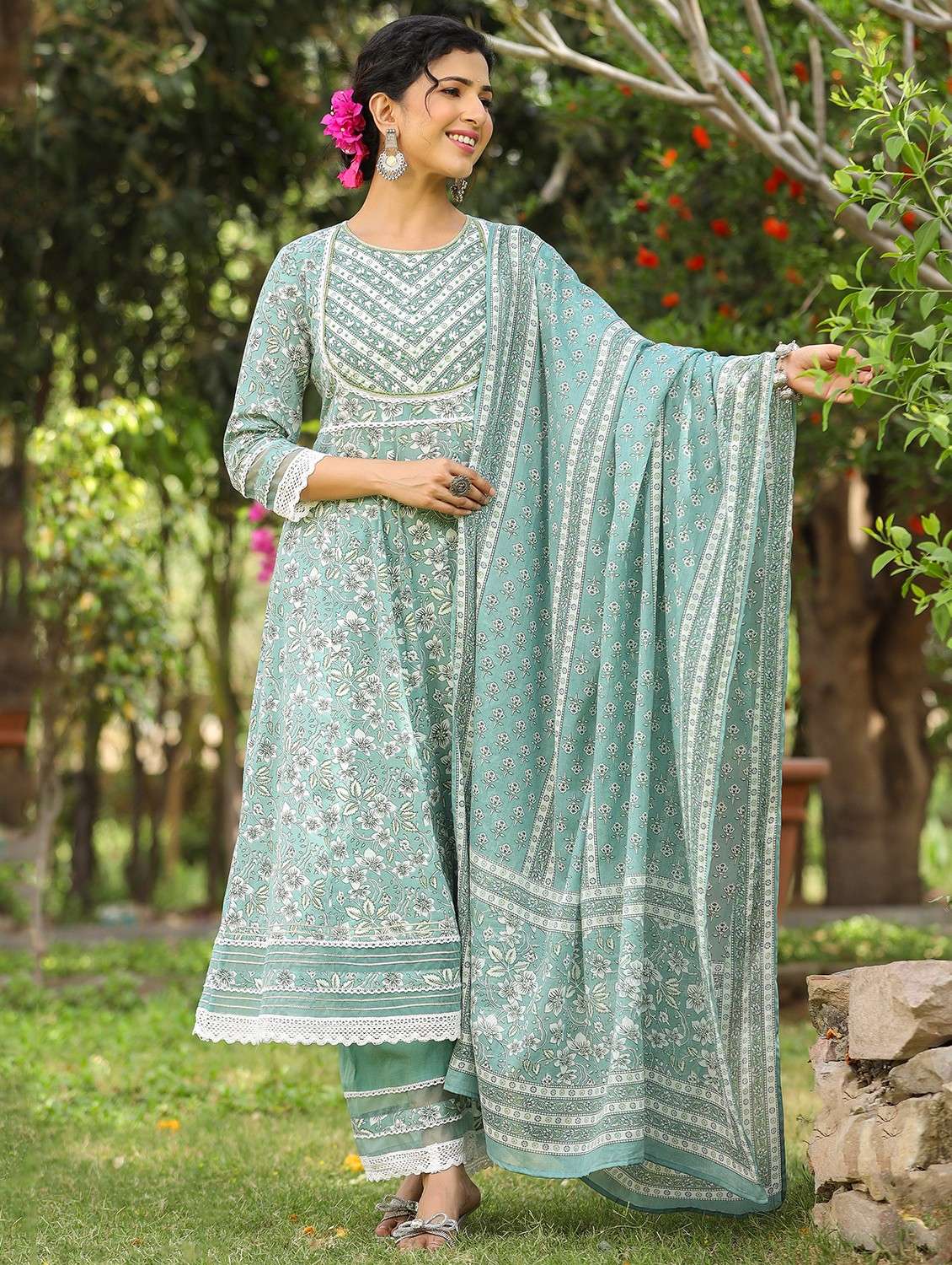 women embroidered three quarter sleeve kurta pant with dupatta set - 22093248 -  Standard Image - 3
