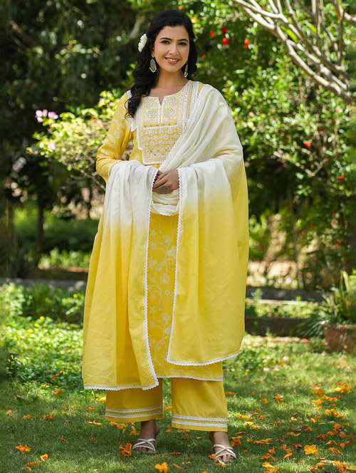 women embroidered three quarter sleeve kurta pant with dupatta set - 22093249 - Standard Image - 0
