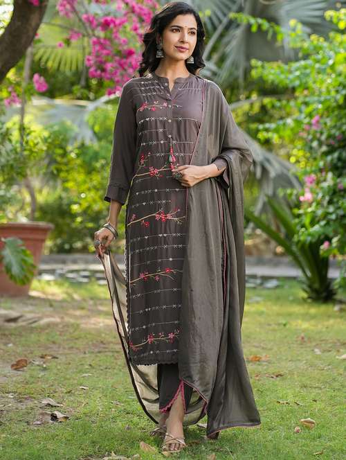 women embroidered three quarter sleeve kurta pant with dupatta set - 22093252 - Standard Image - 0