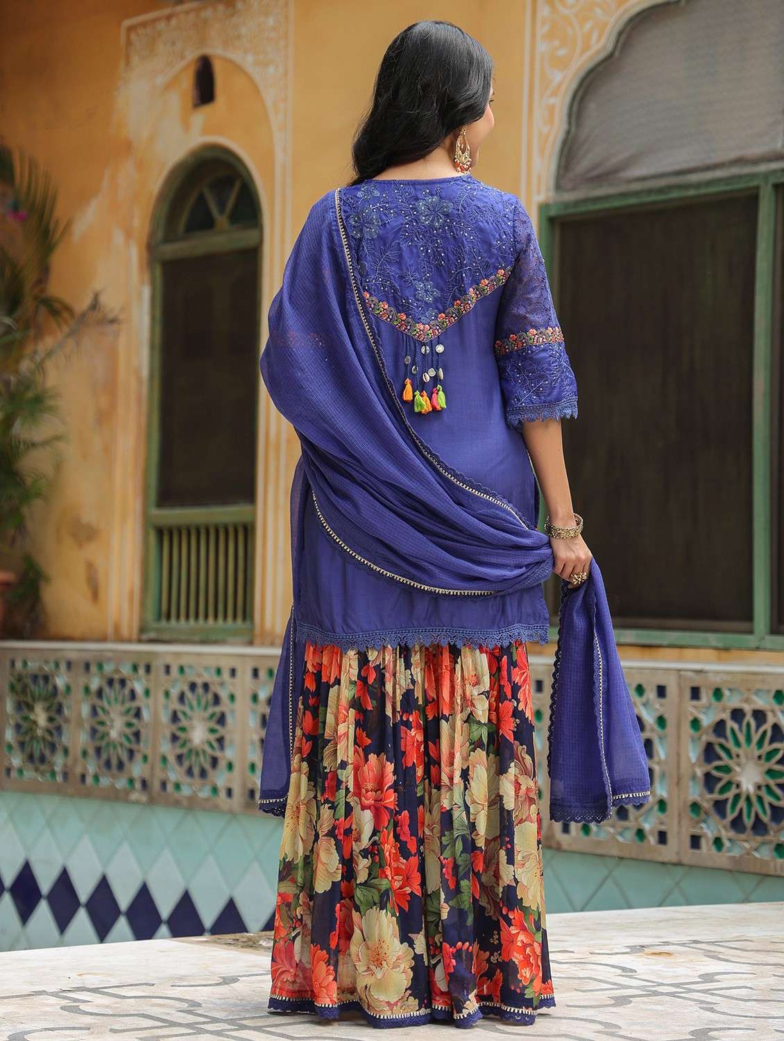 women embroidered three quarter sleeve kurta sharara with dupatta set - 22093257 - Standard Image - 3