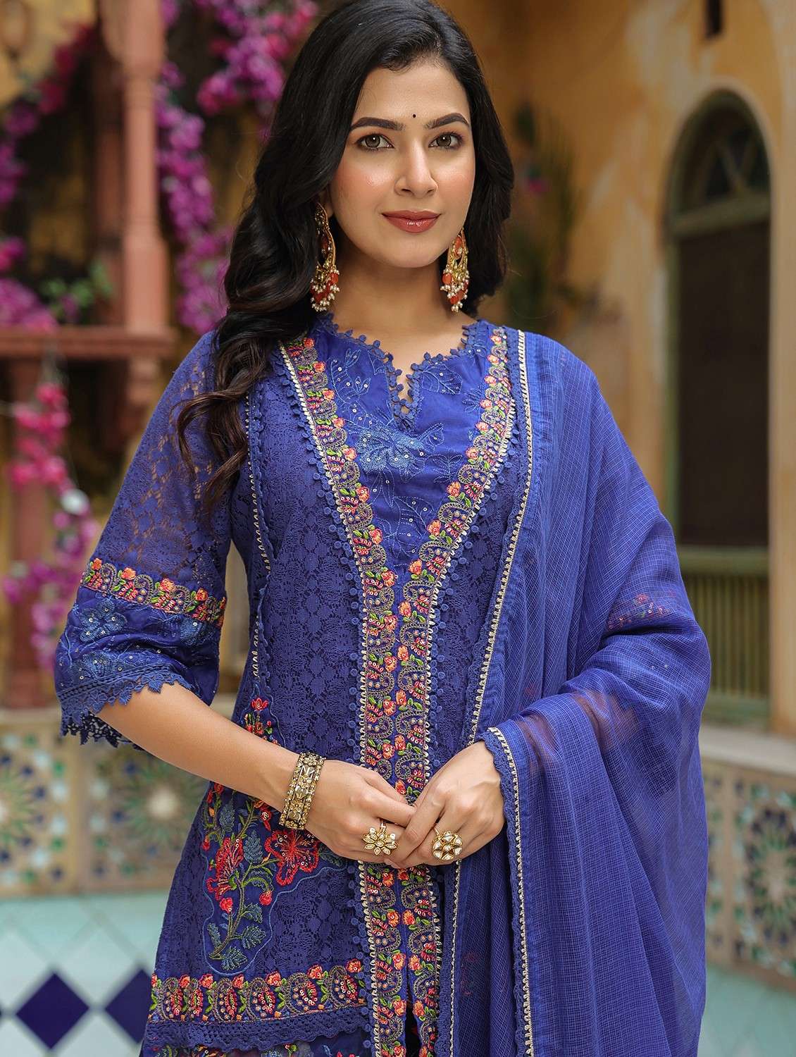 women embroidered three quarter sleeve kurta sharara with dupatta set - 22093257 - Standard Image - 5