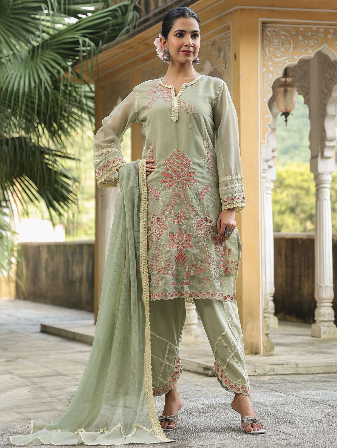 women embroidered long sleeve kurta pant with dupatta set - 22093258 - Zoom Image - 0