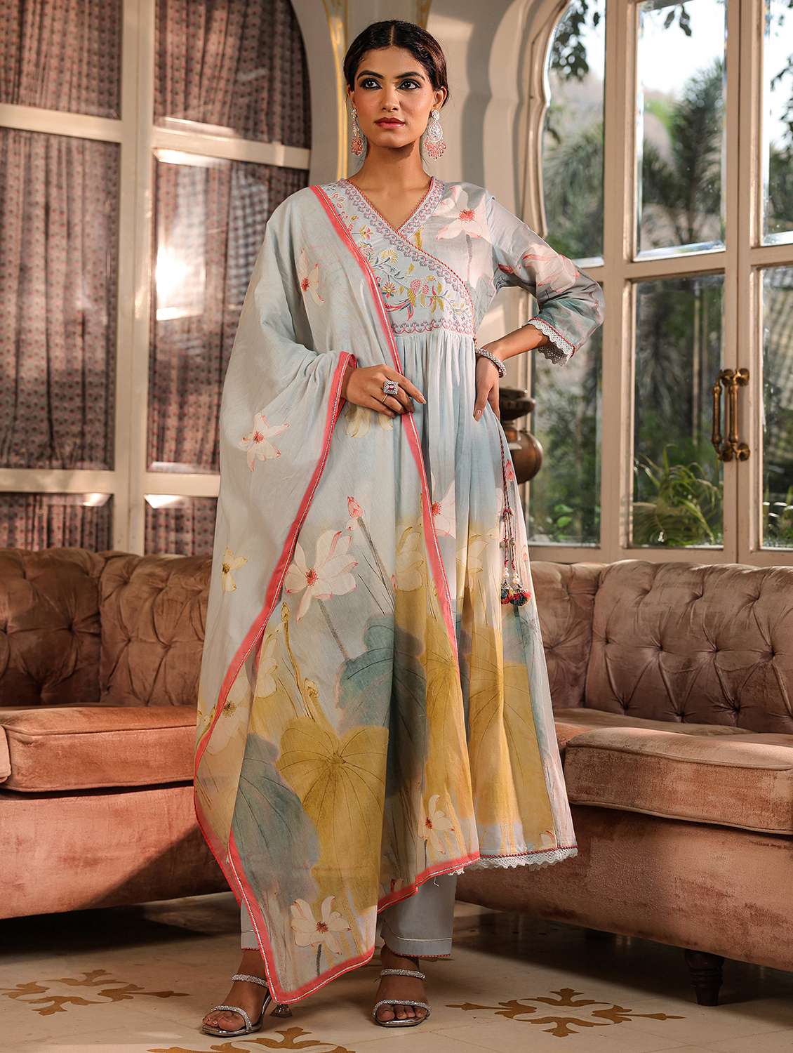 women embroidered three quarter sleeve kurta pant with dupatta set - 22093266 -  Zoom Image - 0
