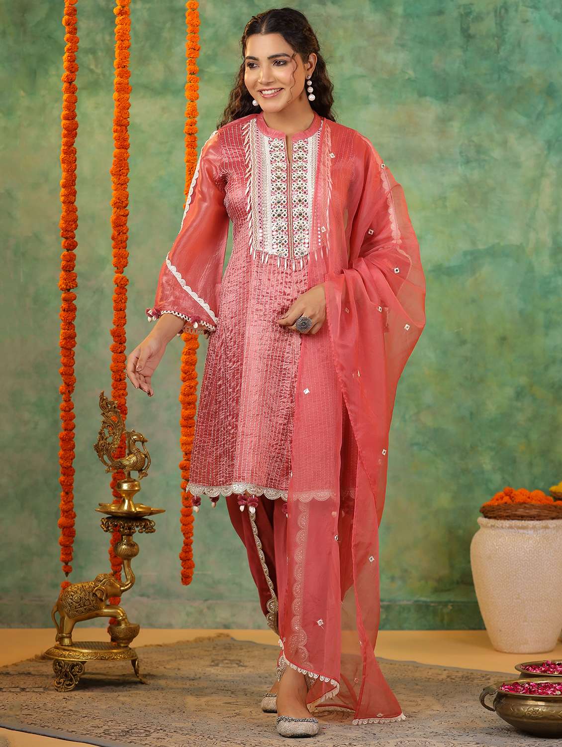women embroidered three quarter sleeve kurta pant with dupatta set