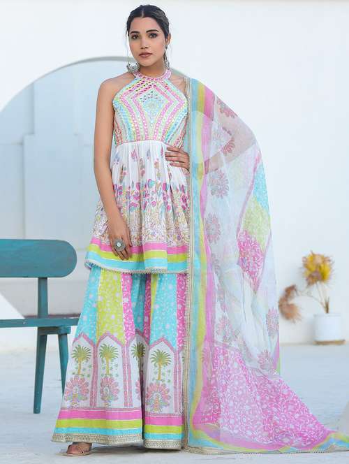 women embroidered sleeveless kurta sharara with dupatta set - 22093274 -  Standard Image - 0