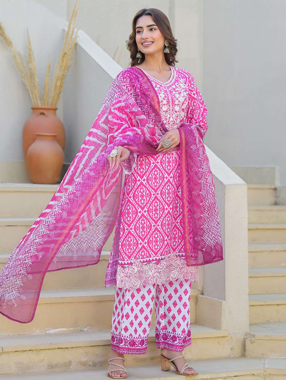 women embroidered long sleeve kurta pant with dupatta set