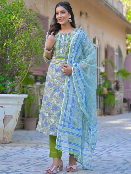 women embroidered three quarter sleeve kurta pant with dupatta set - 22093281 -  Standard Image - 0